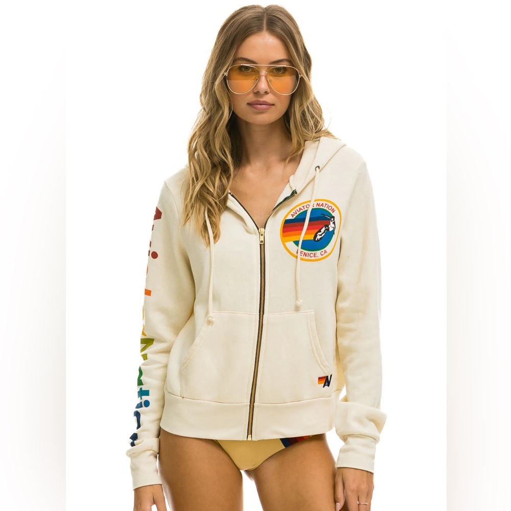 Aviator Nation Cream Zip-Up with Rainbow Accents